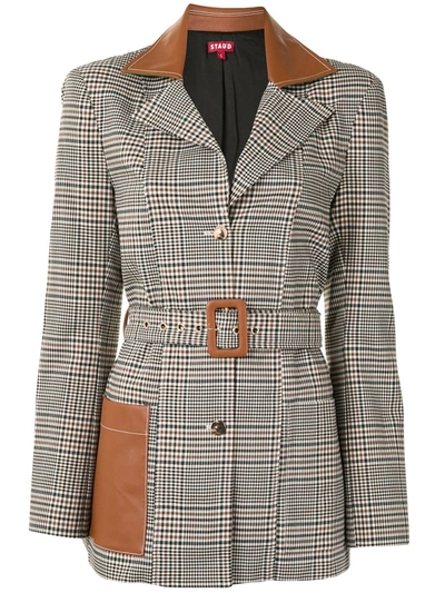 Staud Paprika Belted Faux Leather-trimmed Prince Of Wales Checked Woven Blazer In Multi