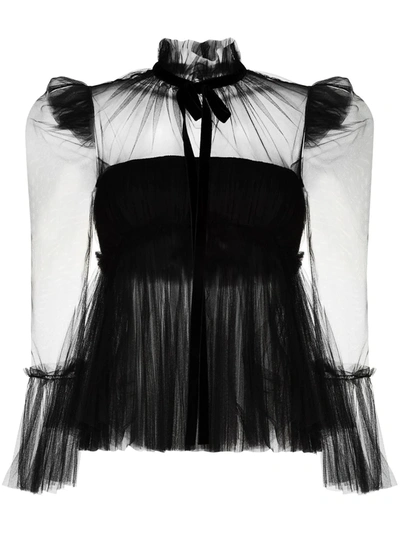 Khaite Dominika Velvet-trimmed Pleated Tulle Blouse In Black