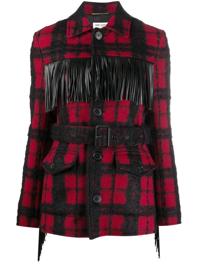 Saint Laurent Belted Fringed Leather-trimmed Checked Wool-blend Jacket In Black