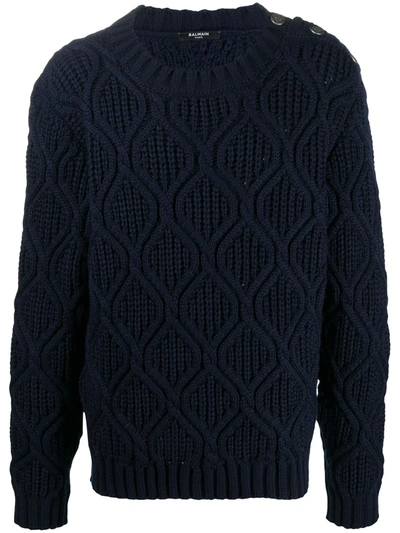 Balmain Crewneck Cable-knit Sweater In Blue