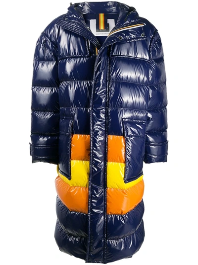 K-way R&d Colour Block Nylon Long Down Jacket In Blue