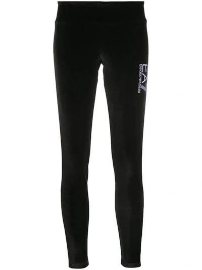 Ea7 Embroidered Logo Velvet Leggings In Black