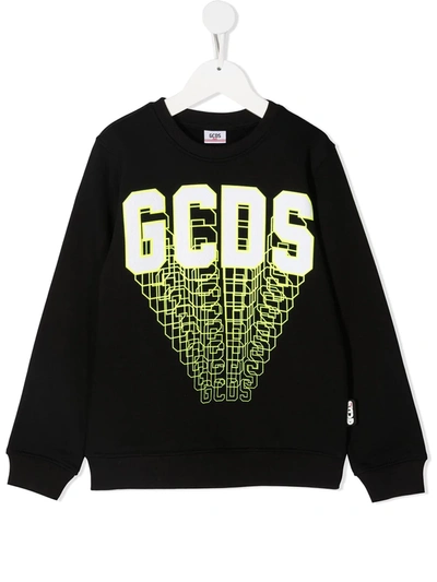 Gcds Kids' Rubberized Logo Cotton Sweatshirt In Black