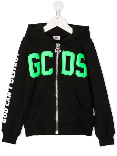 Gcds Kids' Rubberized Logo Cotton Sweatshirt Hoodie In Black