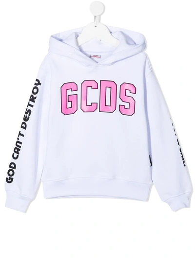 Gcds Kids' Rubberized Logo Cotton Sweatshirt Hoodie In White