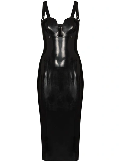 Saint Laurent Black Plunge Neck Latex Midi Dress | ModeSens