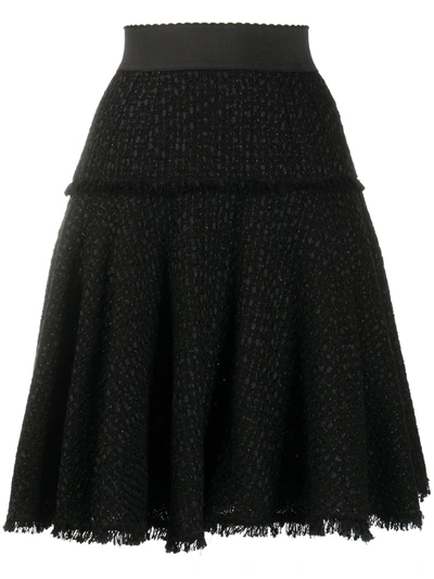 Dolce & Gabbana Tweed Frayed Flared Skirt In Black