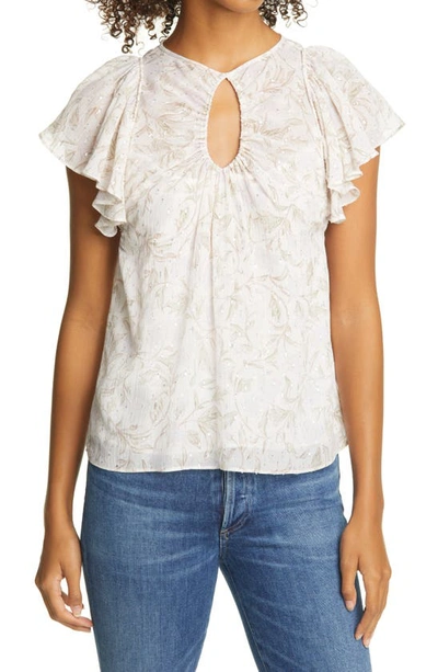 Rebecca Taylor Zadie Fleur Floral Metallic Fil Coupe Chiffon Top In Snow Combo