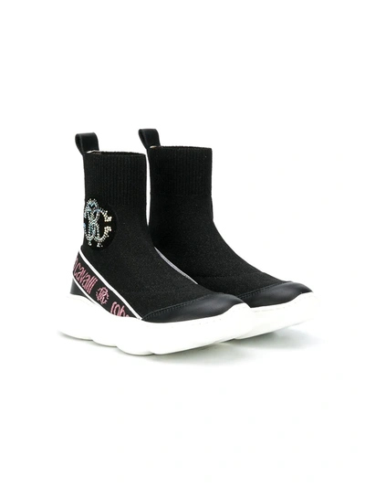 Roberto Cavalli Kids' Rhinestone Logo Sock-style Trainers In Black
