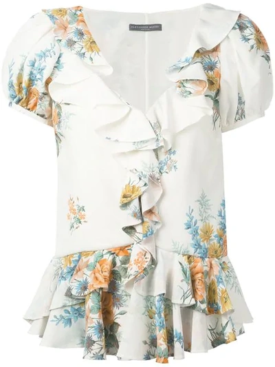 Alexander Mcqueen Printed Ruffle Blouse In Blue, Green, Floral, Orange, White. In Ivory