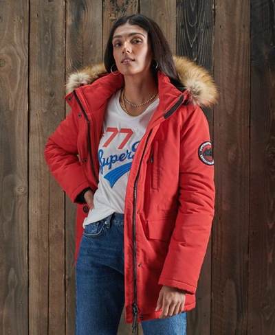 Superdry Women's Hooded Everest Faux Fur Parka Coat Red