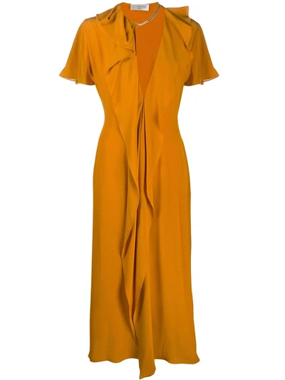 Victoria Beckham Fluted-trim Plunge-neck Midi Dress In Yellow