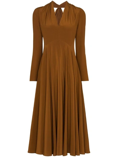 Victoria Beckham Cutout Silk Crepe De Chine Midi Dress In Tobacco