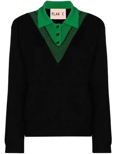 Plan C Filato Wool Knit Polo Jumper In Black