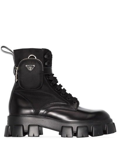 Prada Black Brushed Leather Combat Boots In Schwarz