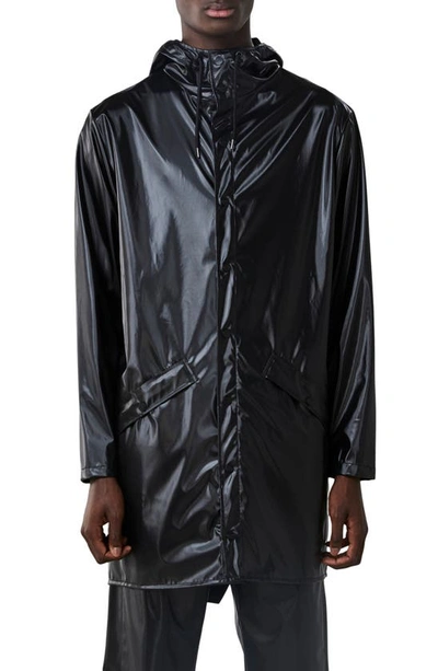 Rains Waterproof Hooded Long Rain Jacket In Shiny Black