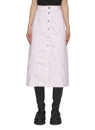 Ganni Cherry Blossom Print A-line Denim Skirt In Pink