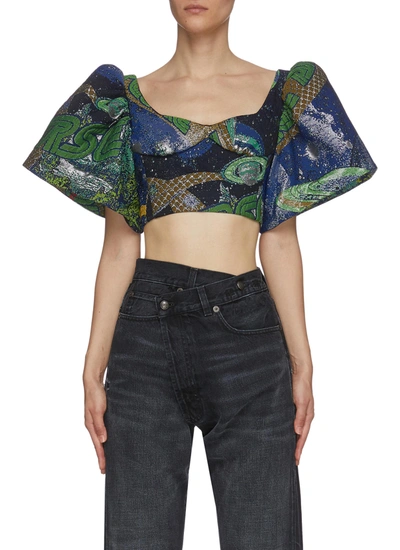 Angel Chen 'universe' Mixed Embroidery Puff Sleeve Crop Top In Multi-colour