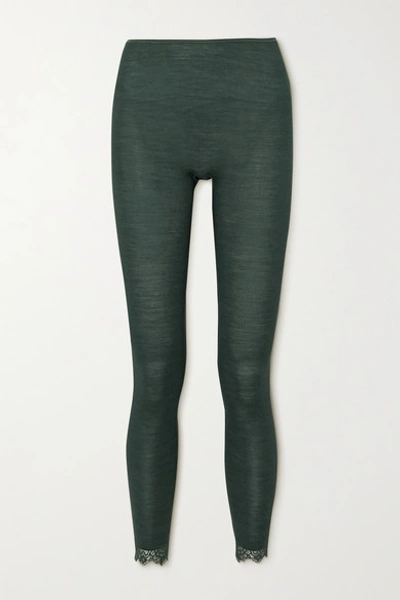 Hanro Woolen Lace-trimmed Ribbed Wool And Silk-blend Leggings In Green Marble