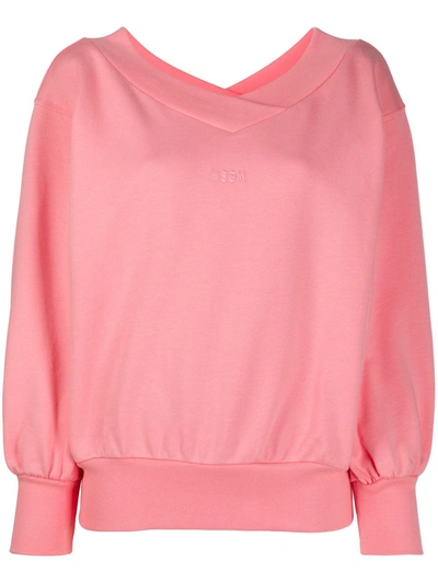 Msgm Embroidered Logo V-neck Sweatshirt In Pink