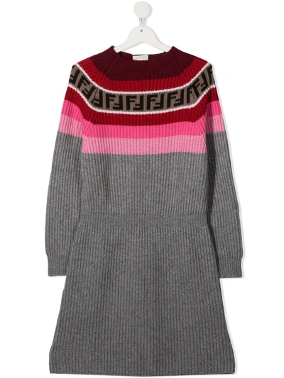 Fendi Teen Intarsia-knit Jumper Dress In Grey