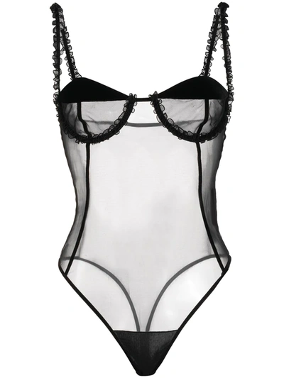 Saint Laurent Sheer Tulle & Lace Bodysuit W/ Velvet In Black