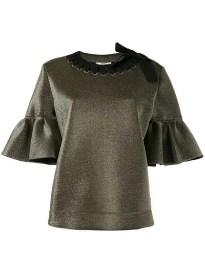 Fendi Metallic Ruffle-sleeve Top With Ribbon Trim, Gold In Gold Lurex