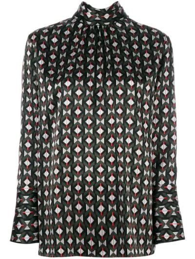 Fendi Lozenges-print Tie-neck Satin Blouse In Green Ivory Red