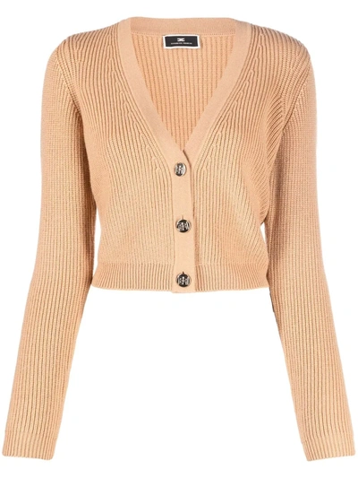 Elisabetta Franchi V-neck Ribbed-knit Cardigan In Brown