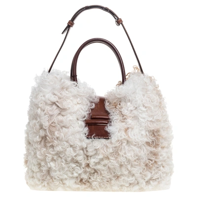 Pre-owned Tod's White Fur And Leather Double T Flap Tote