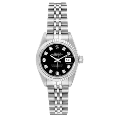 Pre-owned Rolex Black Diamonds 18k White Gold And Stainless Steel Datejust Automatic 69174 Women's Wristwatch 26 Mm