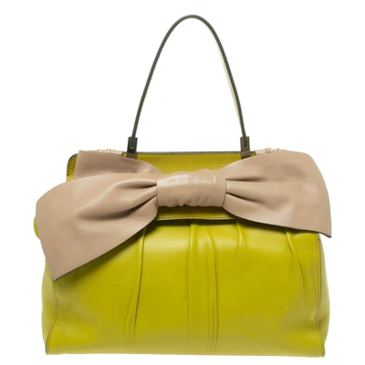 Pre-owned Valentino Garavani Avocado/beige Leather Aphrodite Bow Bag In Green