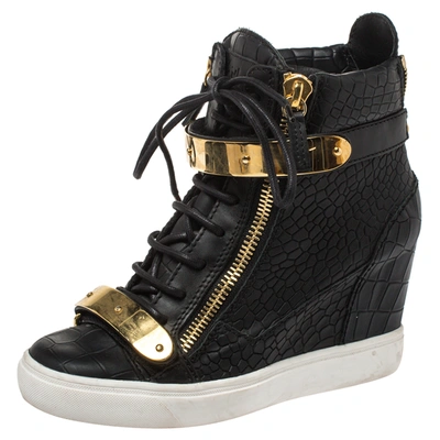 Pre-owned Giuseppe Zanotti Black Croc Embossed Leather Lorenz Wedge High Top Sneakers Size 37.5