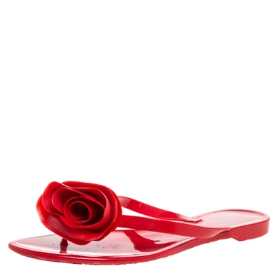 Pre-owned Valentino Garavani Red Jelly Couture Rose Thong Flat Sandals Size 38