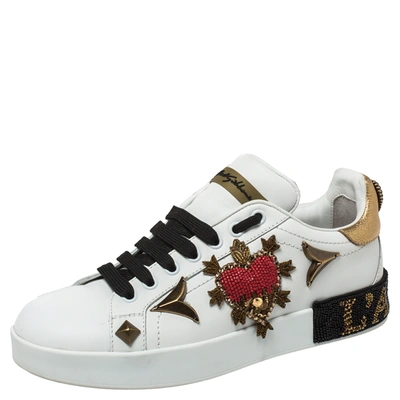 Pre-owned Dolce & Gabbana Dolce And Gabbana White Leather Portofino Embellished Low Top Sneakers Size 37