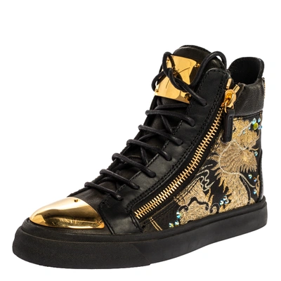 Pre-owned Giuseppe Zanotti Black Dragon Embroidered Leather Double Zip High Top Sneakers Size 37