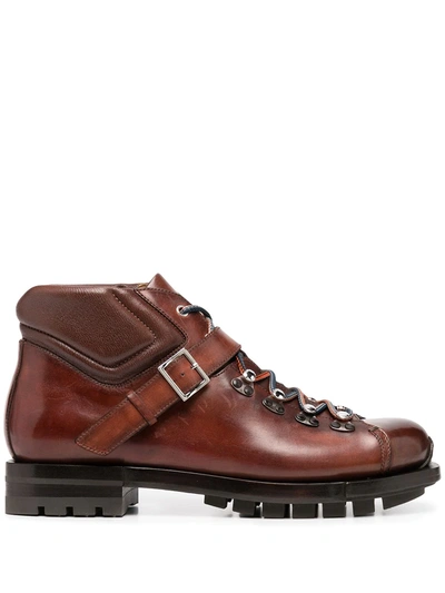 Santoni Shiny Leather Ankle Boots With Laces And Buckle In Burgundy