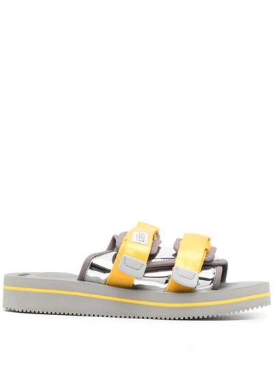 Suicoke Kaw Touch-strap Slides In Grey,yellow