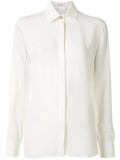 Ferragamo Long-sleeve Mulberry Silk Shirt In White