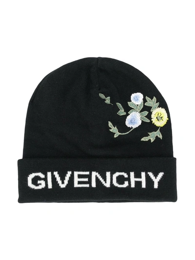 Givenchy Kids Floral Logo Beanie Hat In Black