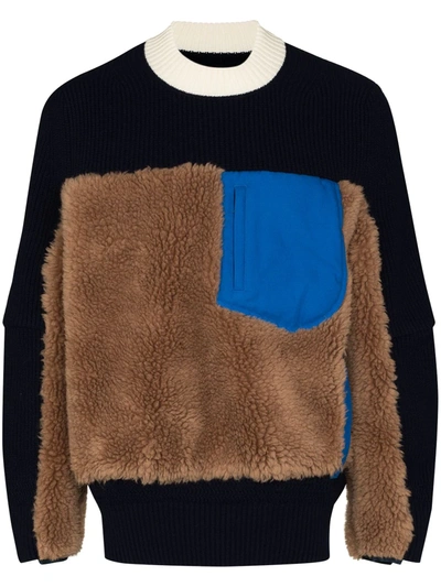 Sacai Faux-shearling Panelled Jumper In Blue