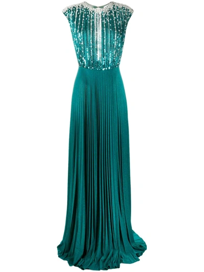 Elisabetta Franchi Sequined And Beaded Pleated Dress In Green In Blue