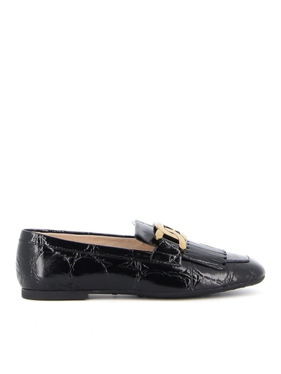 Tod's Fringed Croco Print Loafers In Black
