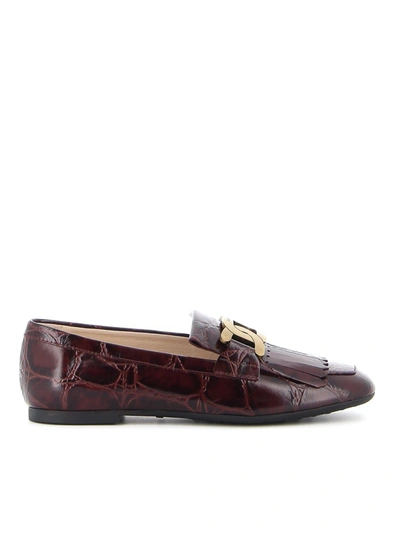 Tod's Fringed Croco Print Loafers In Red