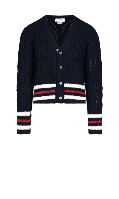 Thom Browne Striped Cable Knit Cardigan In Blue