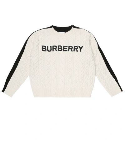 Burberry Stef Embroidered Logo Cable Knit Wool Blend Sweater In White