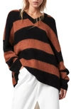 Allsaints Lou Stripe V-neck Sweater In Conker Brown/ Black