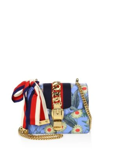 Gucci Sylvie Flora Leather Mini Chain Shoulder Bag In Blue