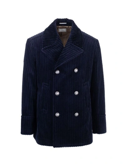 Brunello Cucinelli Velvet Marine Caban In Navy Blue