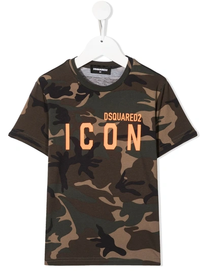 Dsquared2 Kids' Camouflage T-shirt For Boy With Logo In Green